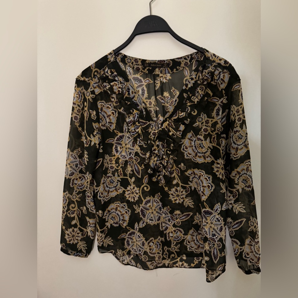 Zara Green and Brown Patterned Blouse